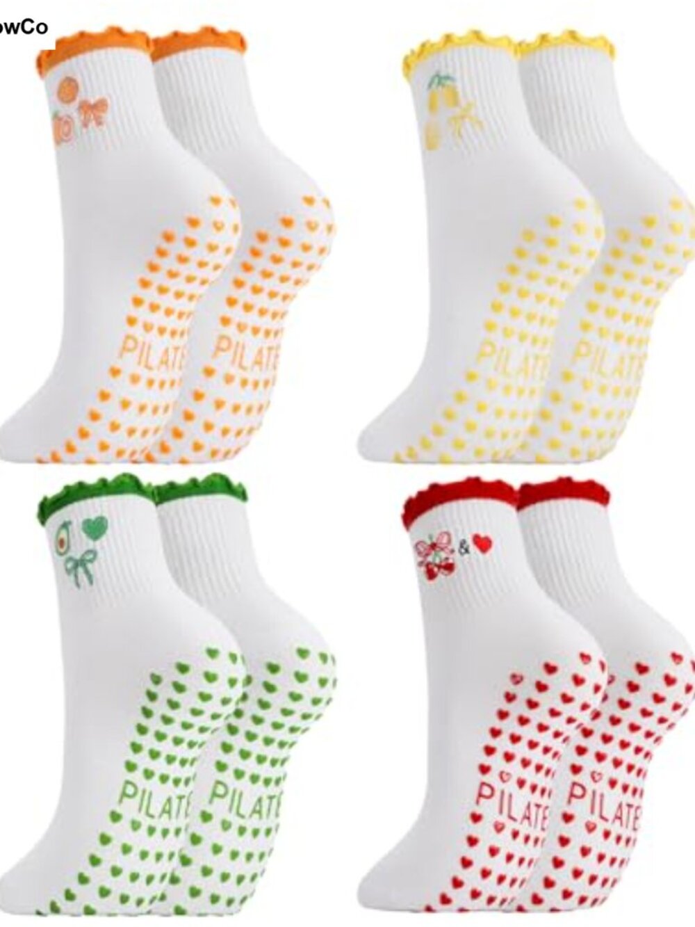 Pilates Socks for Women Ruffle Frilly Embroidery Non-Slip Yoga Socks 4 Pairs